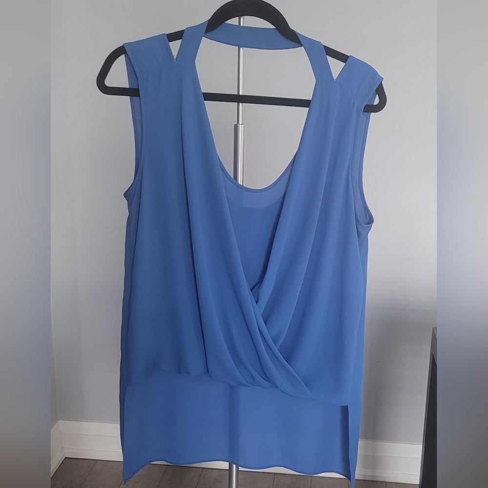 BCBGMAXAZRIA Nicoleta Sleeveless Drape High Low Blue Blouse Size Small